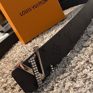 Louis Vuitton Black Leather Belt with Silver LV Buckle